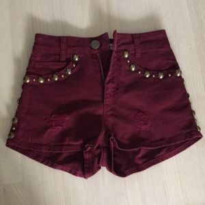 Sandro high rise burgundy studded denim shorts